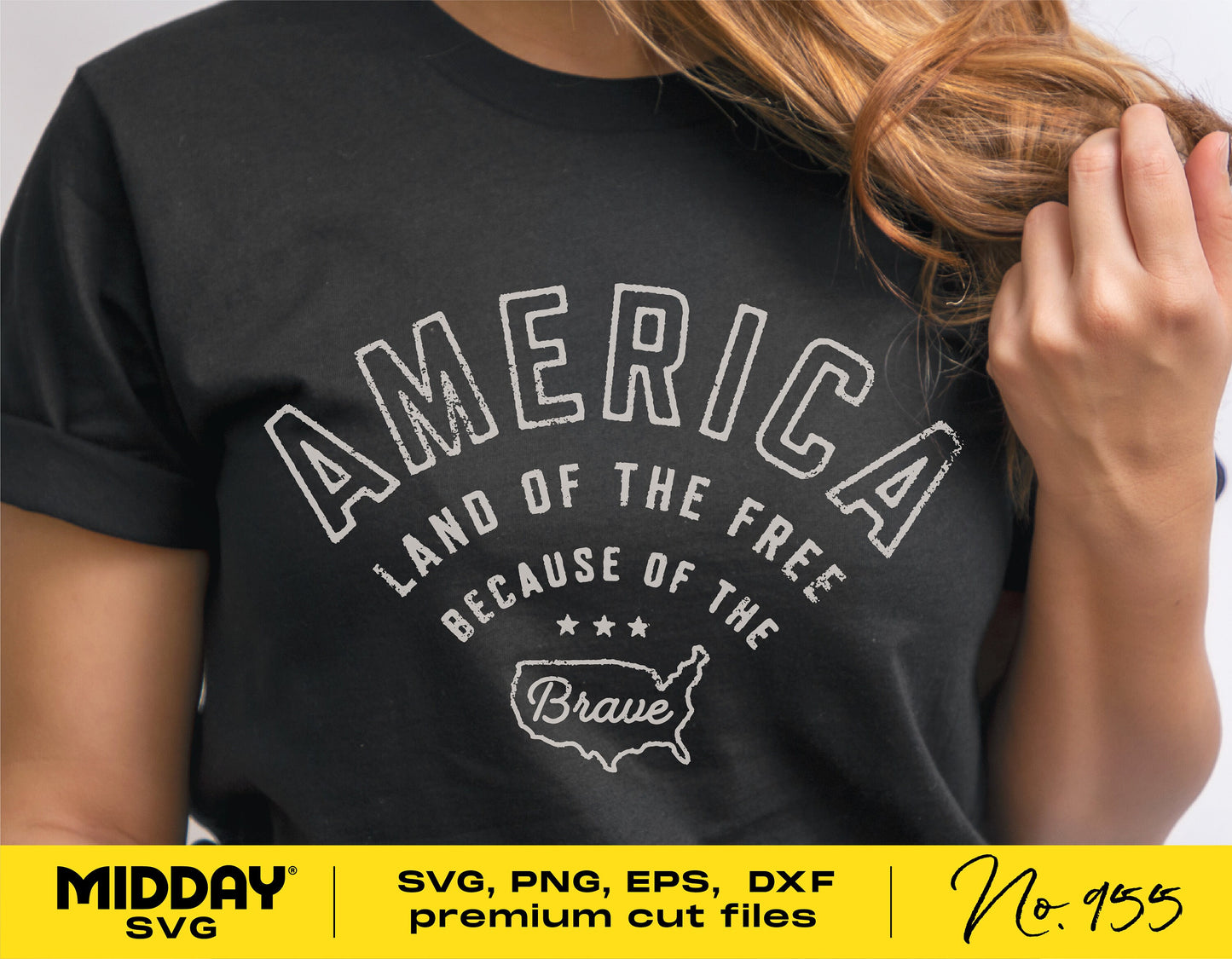 Black t-shirt with 'America, Land of the Free' text, featuring a USA outline, ideal for 4th of July and patriotic events.