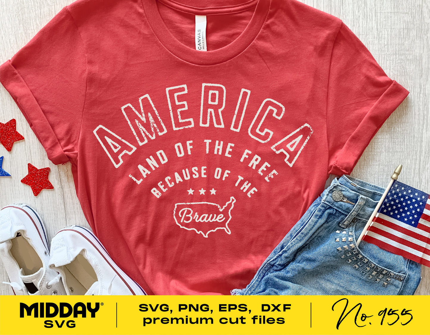 Red 'America Land of the Free Because of the Brave' T-shirt with patriotic SVG design, styled with denim shorts and American flag accessories.