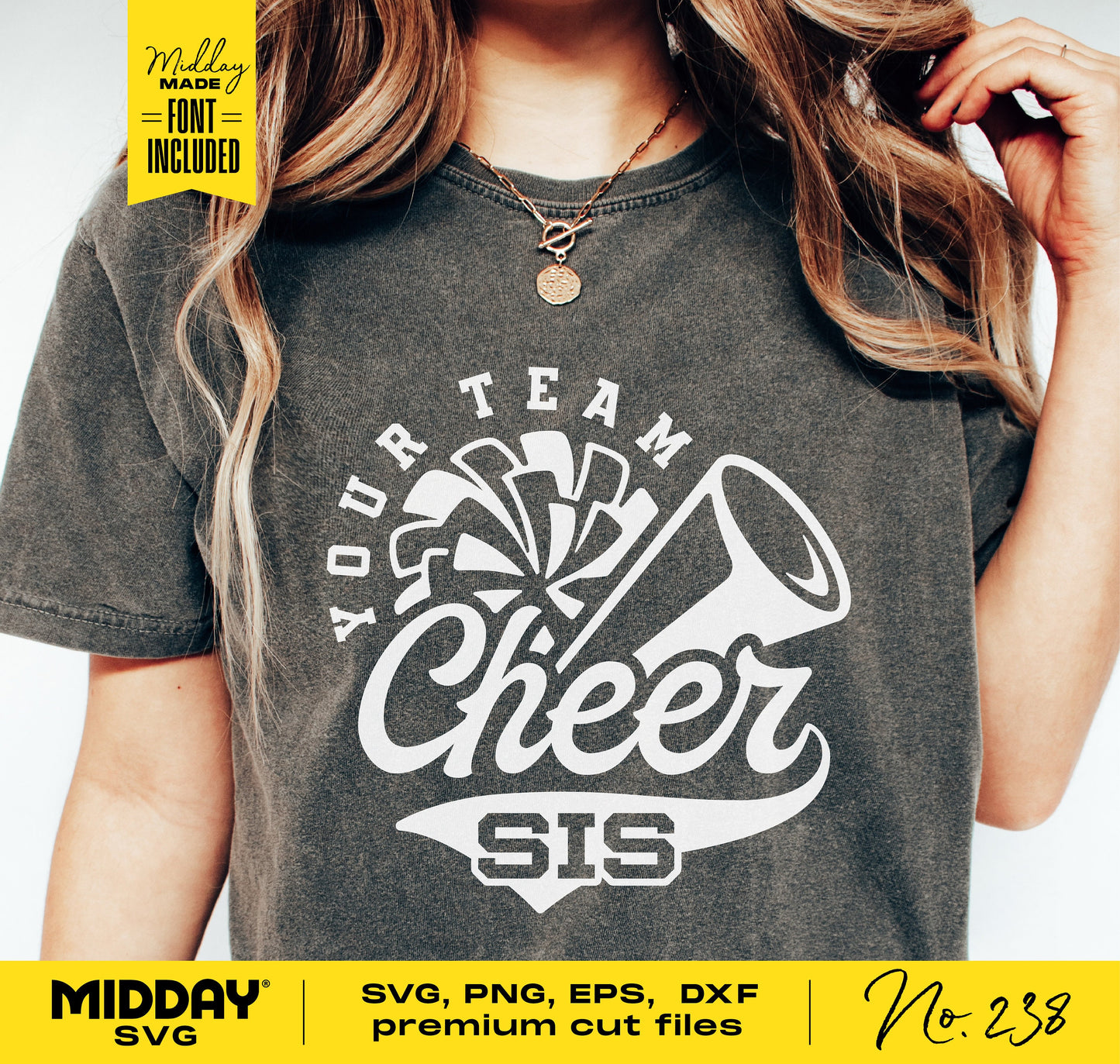 Woman wearing a t-shirt with 'Your Team Cheer Sis' design, featuring cheer graphics and text, ideal for Cricut and Silhouette projects.
