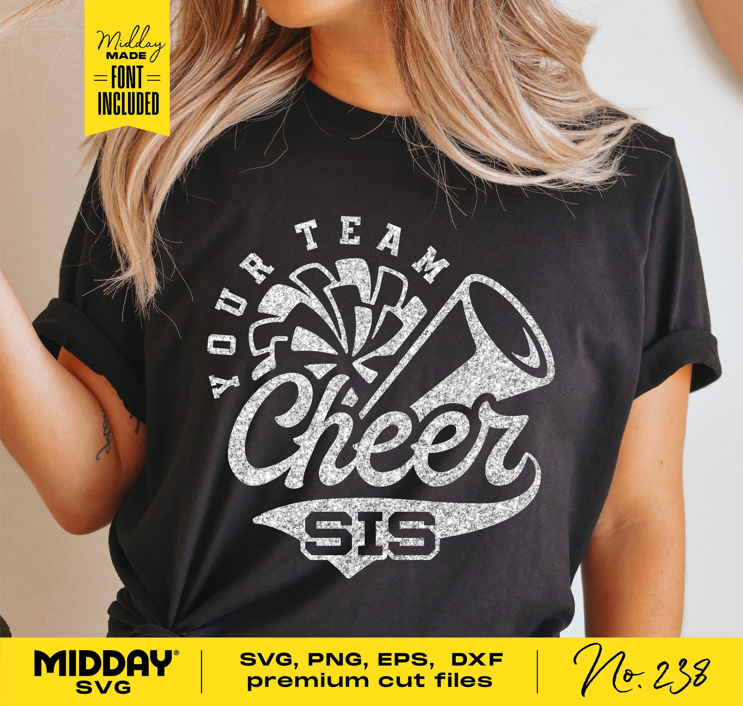 Black t-shirt with 'Cheer Sis' design featuring a cheer cone and pom-pom, available in SVG, PNG, EPS, and DXF formats.