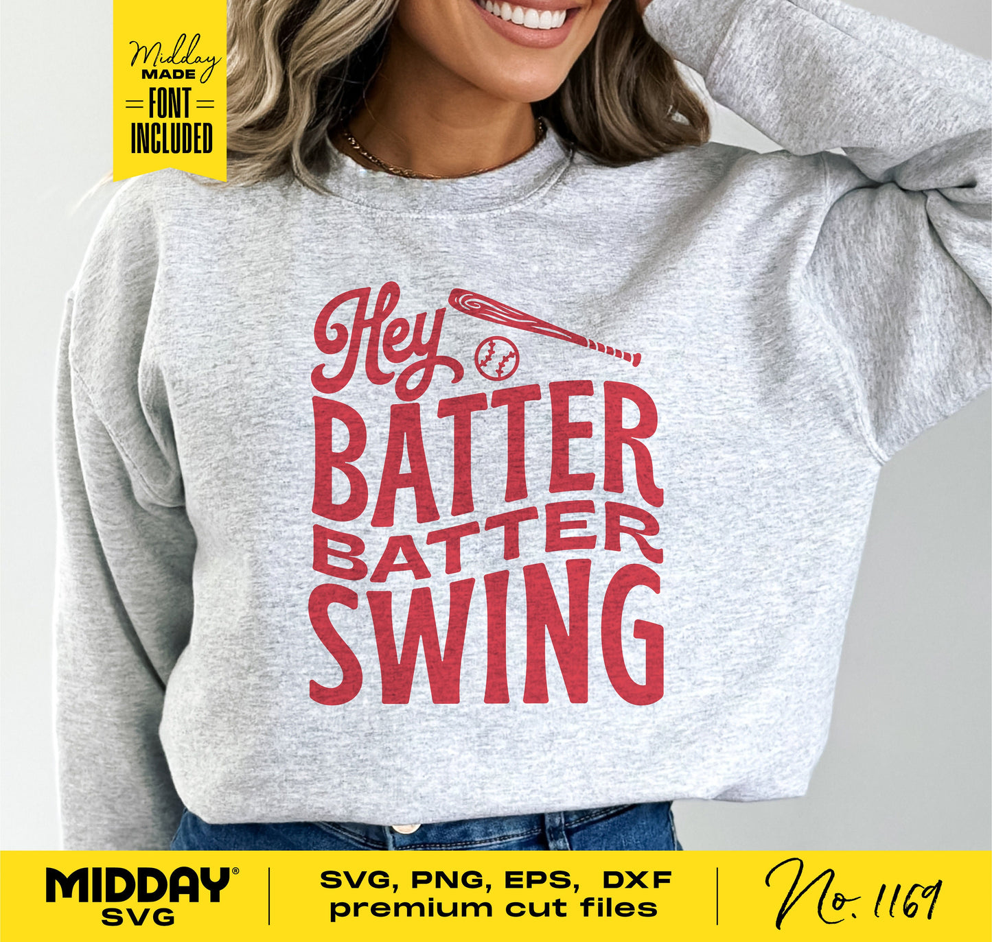 Funny baseball shirt with 'Hey Batter Batter Swing' text, available in SVG, PNG, EPS, DXF formats for Cricut and Silhouette
