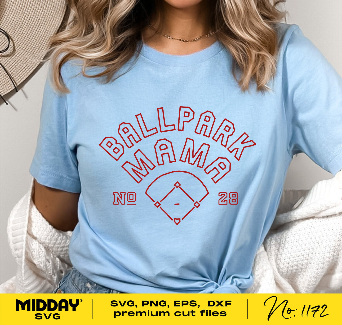 Woman wearing a light blue shirt with 'Ballpark Mama' design, showcasing a baseball graphic and player number, perfect for Cricut projects.