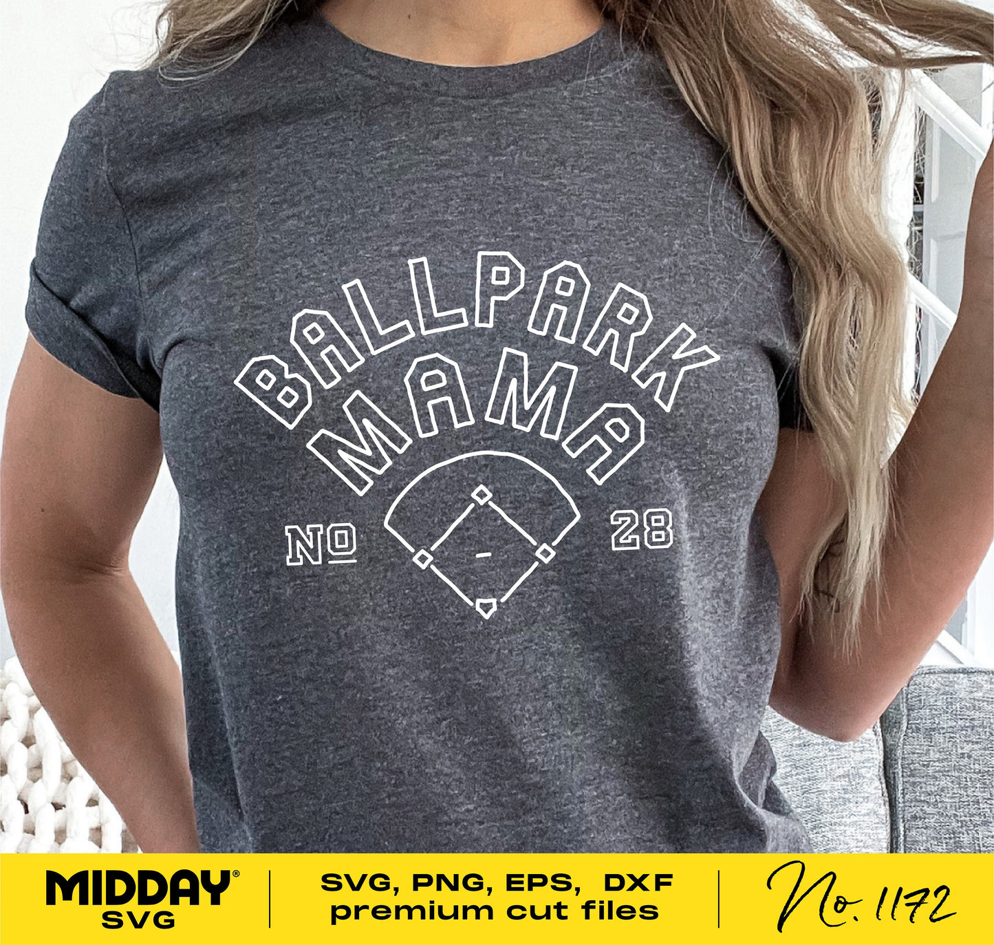 Woman wearing a Ballpark Mama shirt with svg, png, eps, and dxf file options for Cricut and Silhouette.