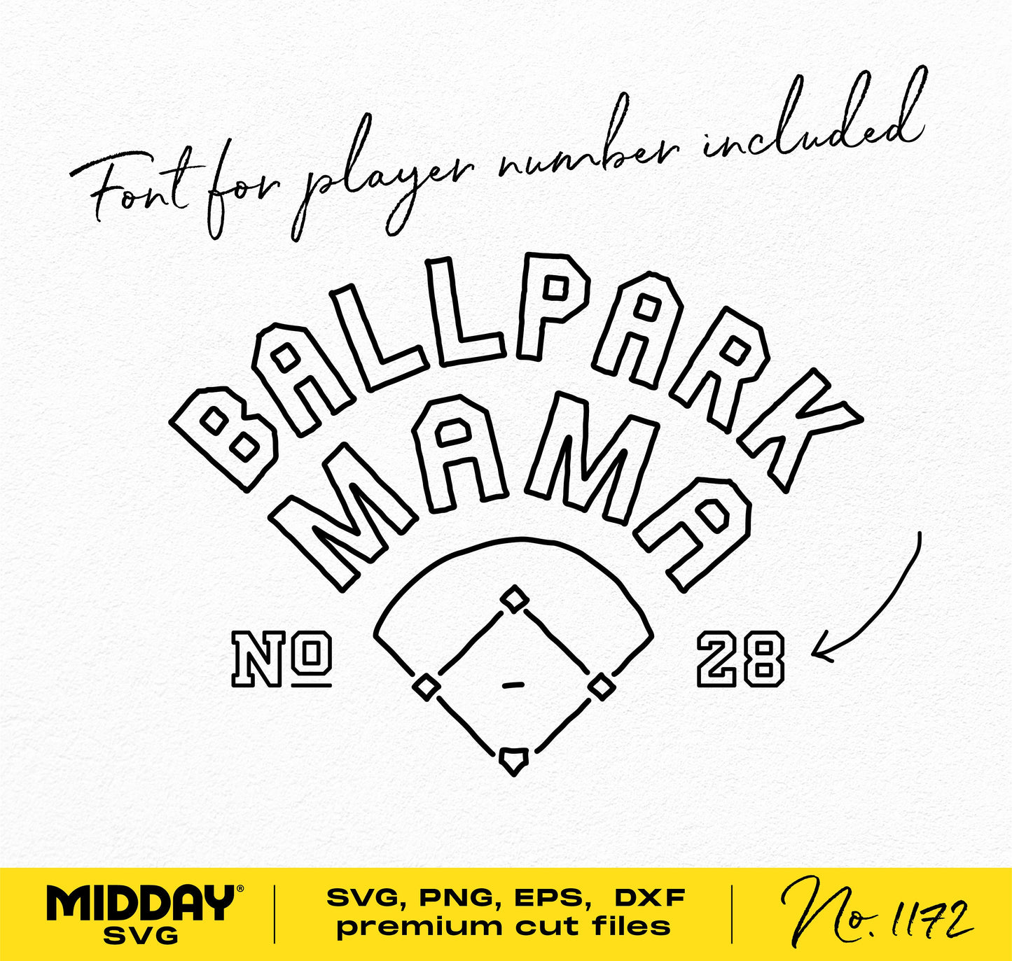 Ballpark Mama SVG design with player number font for Cricut, featuring baseball diamond graphic, available in SVG, PNG, EPS, DXF formats.