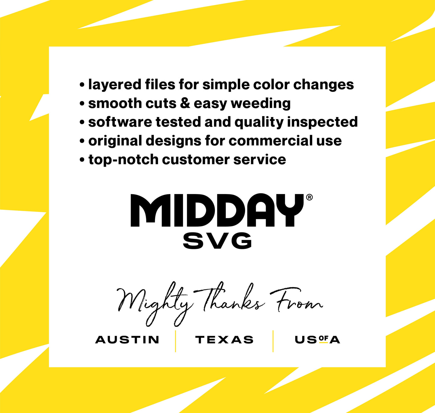 Midday SVG promotional graphic highlighting features like layered files, smooth cuts, and original designs from Austin, Texas, USA.