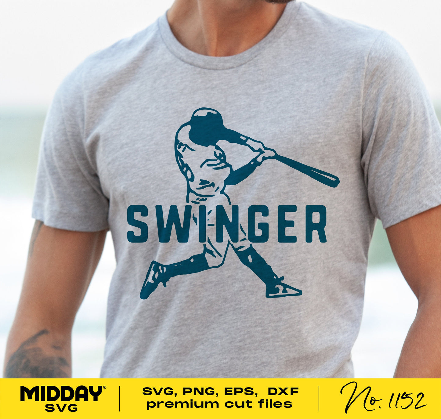 Gray t-shirt with 'Swinger' and baseball player design, suitable for baseball lovers, Cricut, and Silhouette projects.