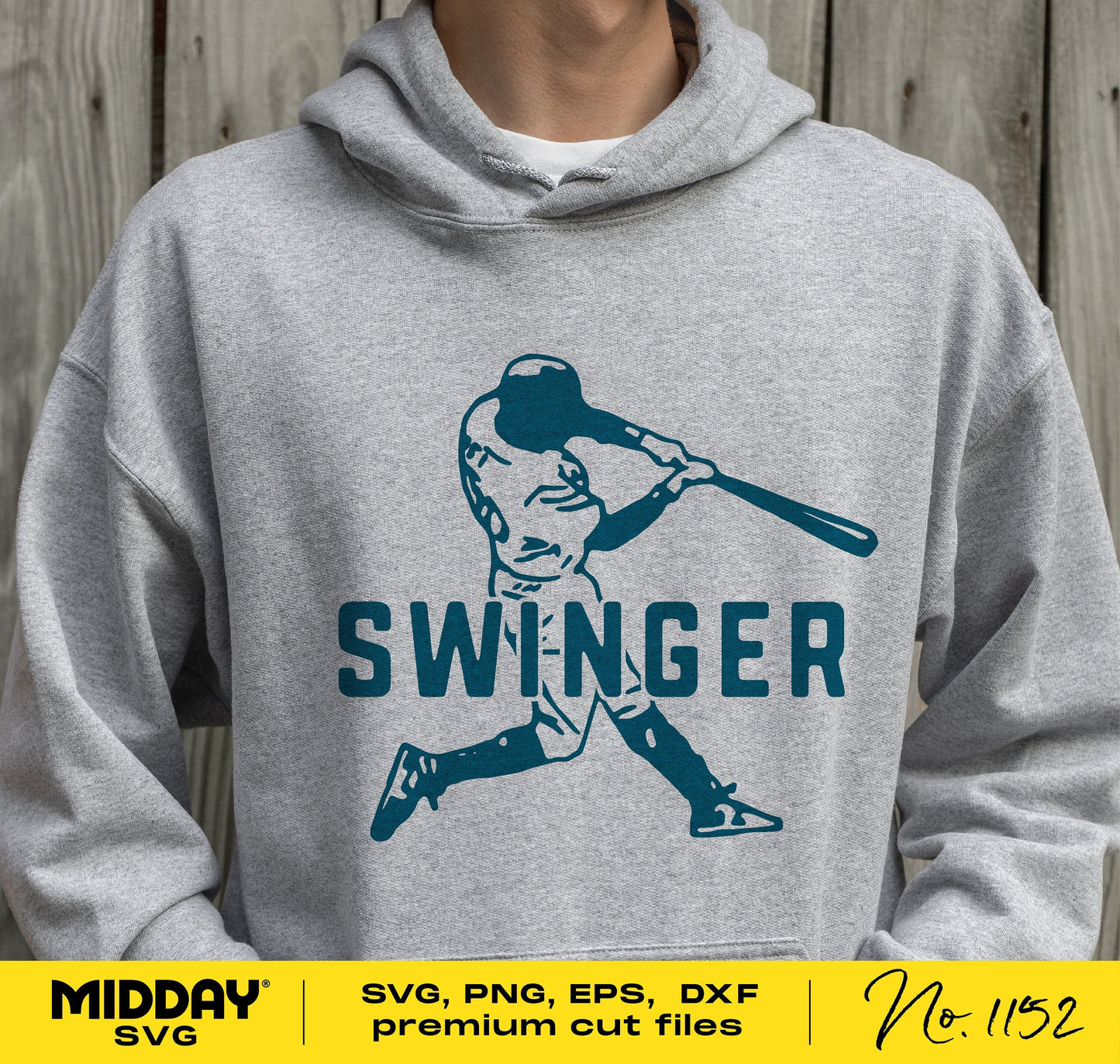 Person wearing grey hoodie with 'Swinger' and baseball player graphic, ideal for baseball lovers and Cricut or Silhouette cut file projects.