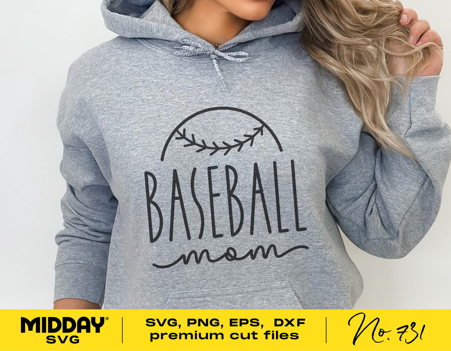 Woman wearing gray hoodie with 'Baseball Mom' design, showcasing svg, png, eps, dxf Cricut cut files by MIDDAY SVG.