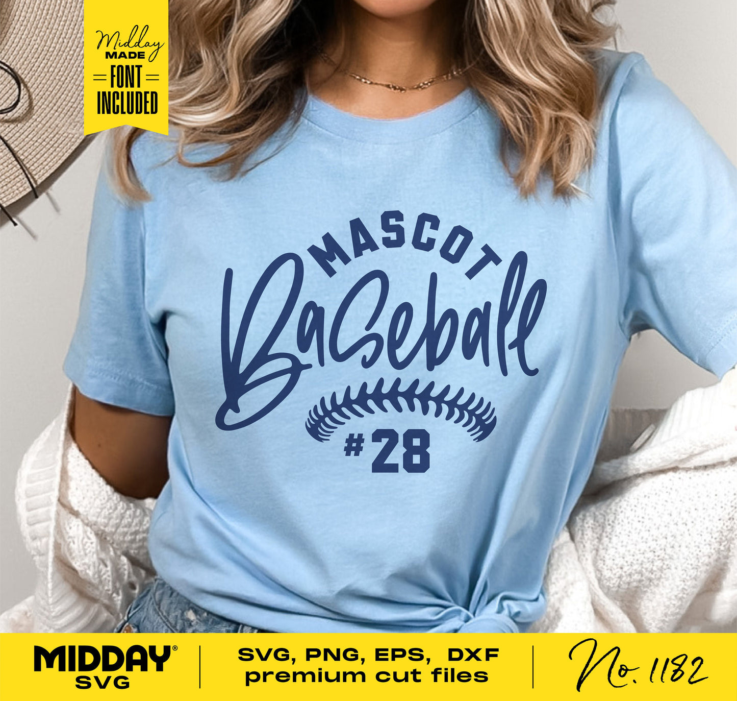 Light blue shirt with 'Mascot Baseball #28' design, featuring an energetic script. SVG, PNG, EPS, DXF font files included for DIY customization.