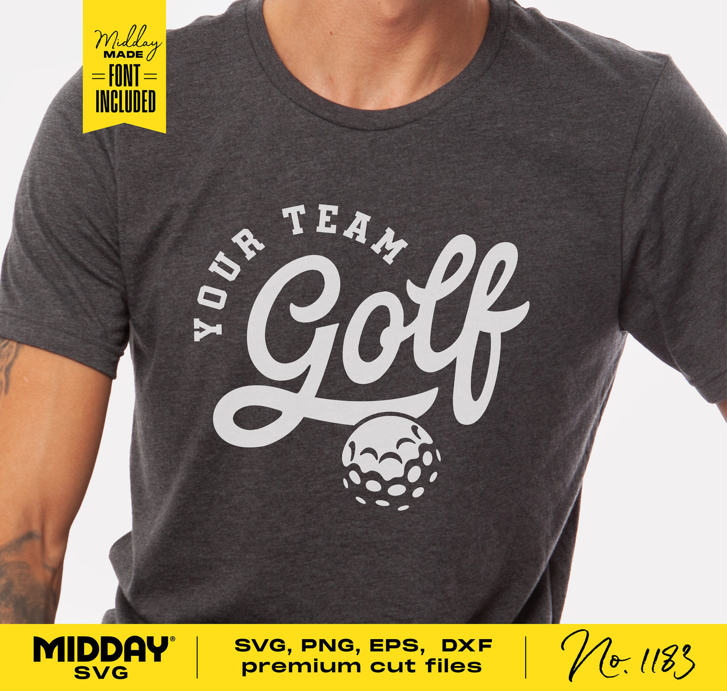 Golf team shirt with "Your Team Golf" lettering and golf ball design, perfect for golf moms or dads, includes SVG PNG cut files.