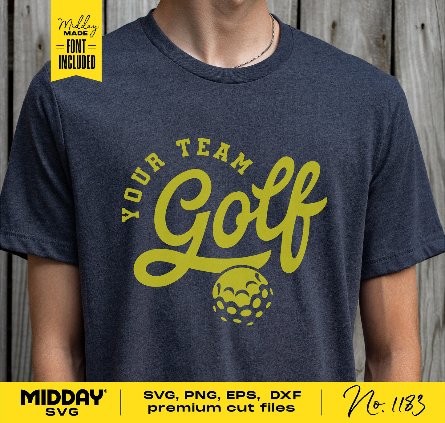 Golf-themed shirt with 'Your Team Golf' design in yellow, made as a SVG, PNG, EPS, DXF cut file. Perfect for golf enthusiasts.