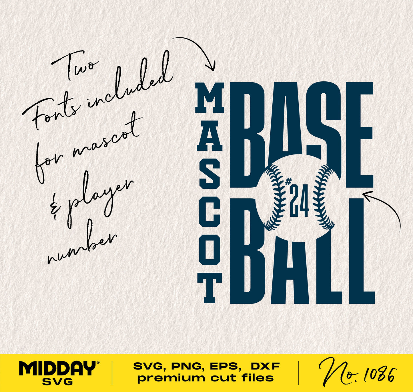 Baseball team template with mascot, player number, and two fonts for Cricut cut file, SVG, PNG, EPS, DXF formats.