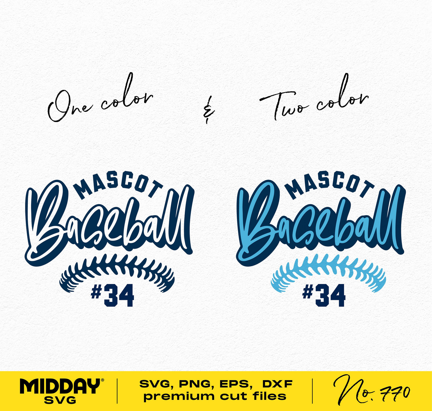 Baseball team mascot SVG designs in one and two color options with text and number for Cricut and Silhouette.