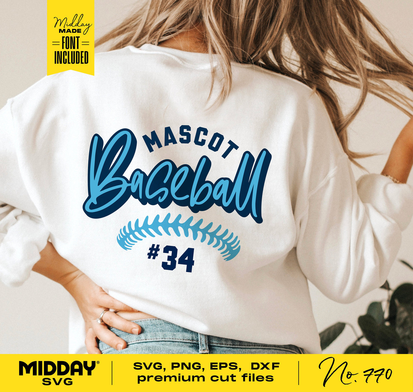 Woman wearing a white shirt with 'Mascot Baseball #34' design, SVG, PNG, EPS, DXF files by MIDDAY SVG, ideal for Cricut and Silhouette.