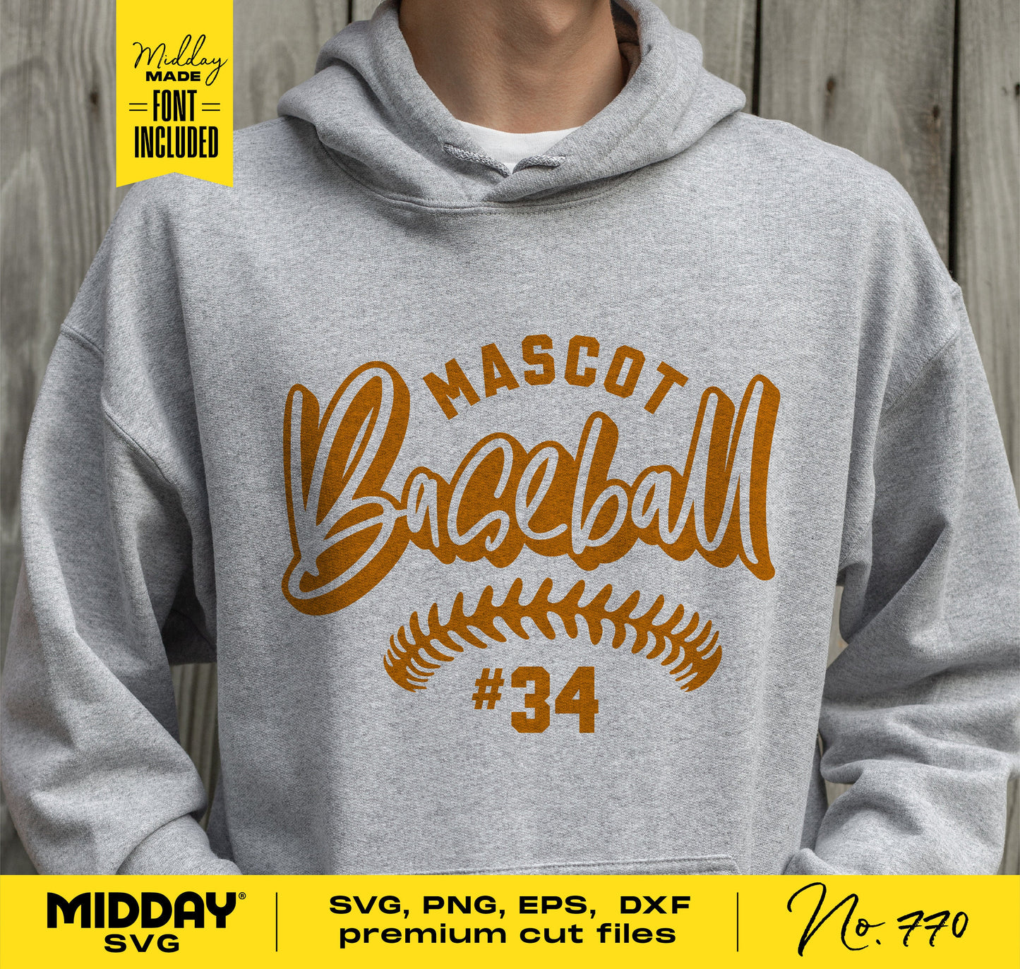 Gray hoodie with 'Mascot Baseball #34' in orange, featuring SVG, PNG, EPS, DXF files for crafting with Cricut and Silhouette.