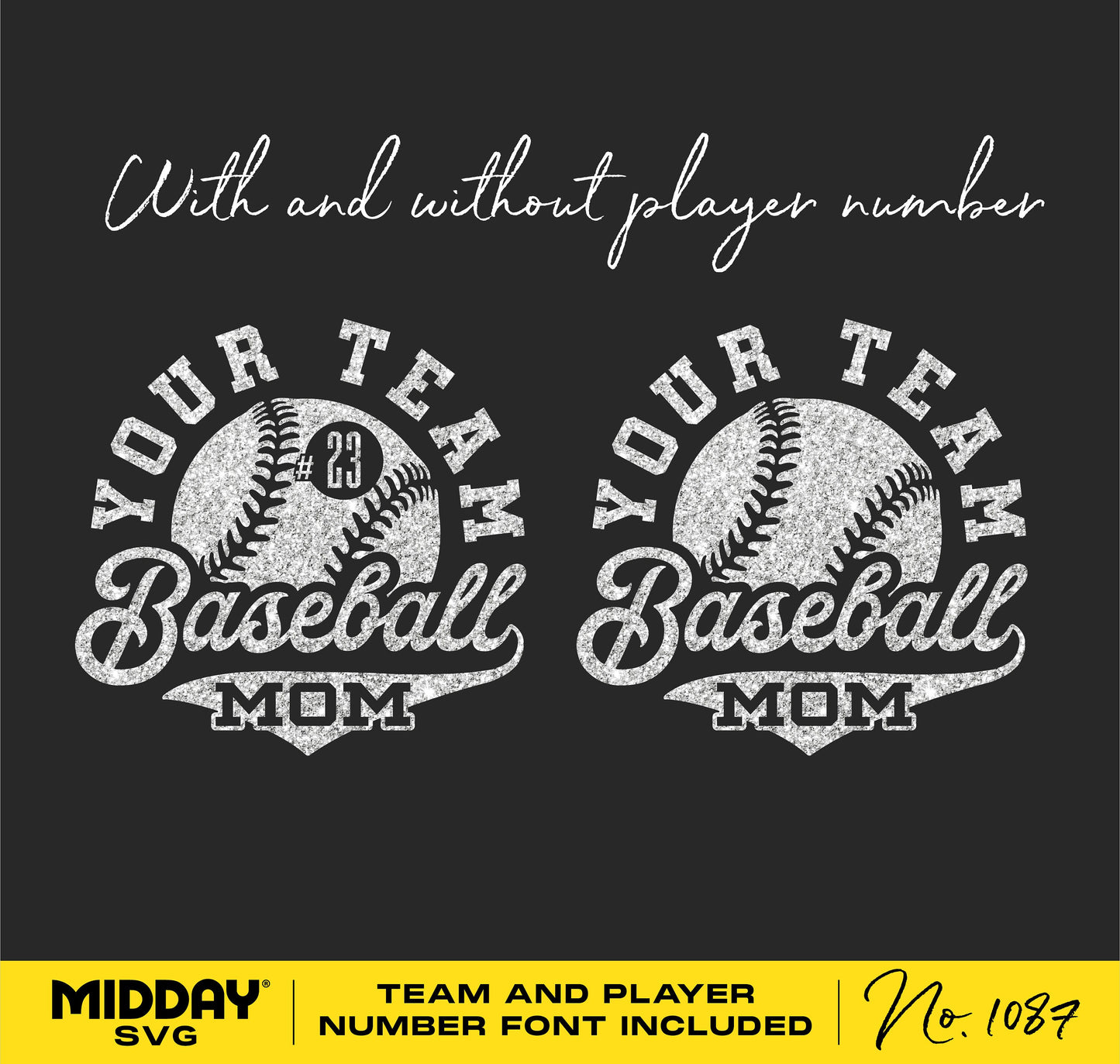 Baseball Mom SVG design with customizable team and player number for apparel and accessories.