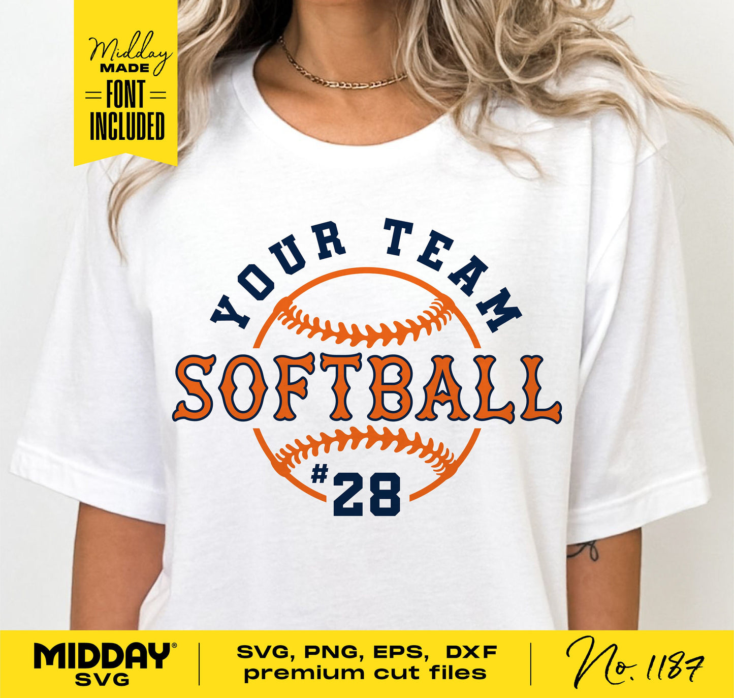 White softball team shirt with customizable design and font, featuring SVG, PNG, EPS, DXF files for DIY crafting.