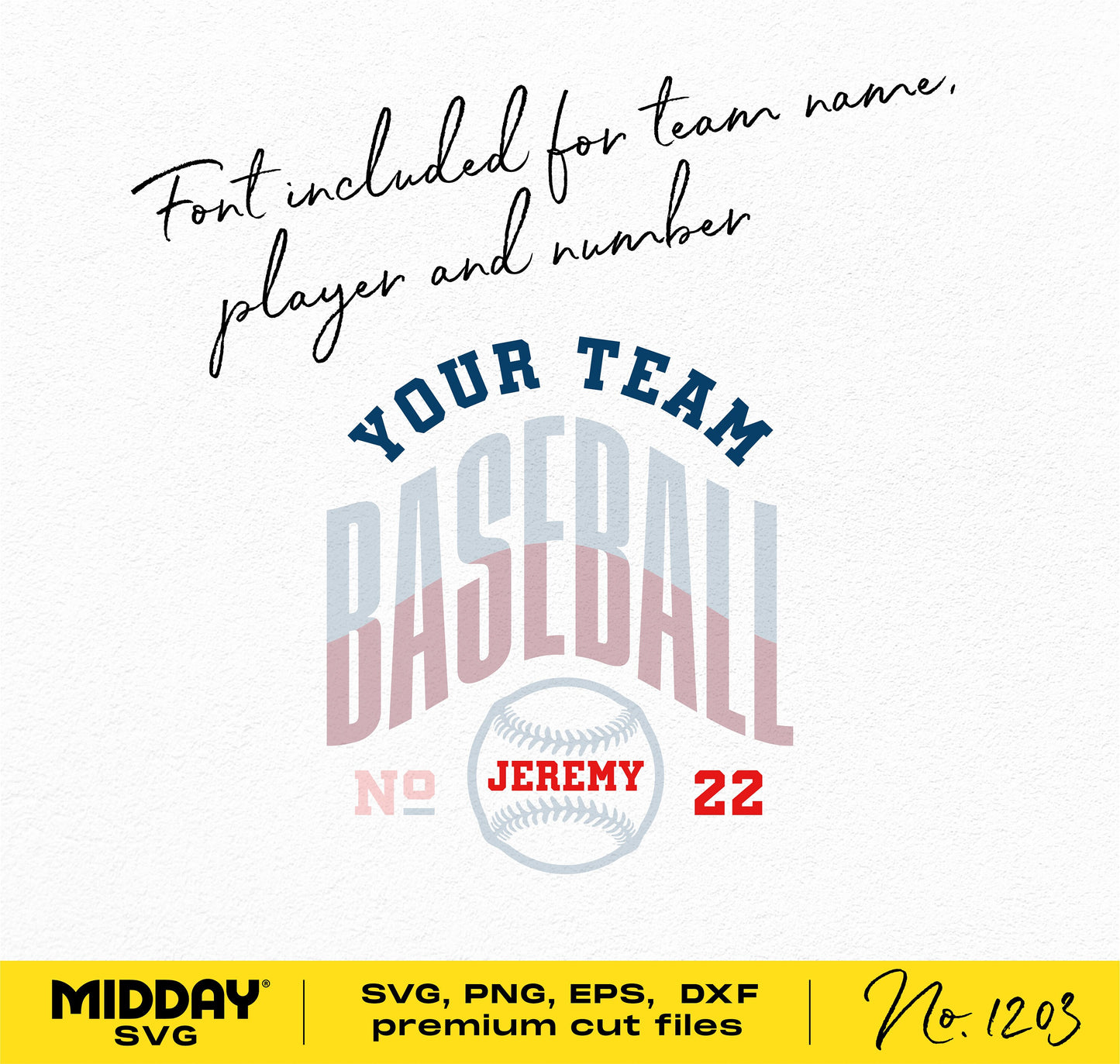 Baseball team shirt design template with customizable name and number, available in SVG, PNG, EPS, DXF formats.
