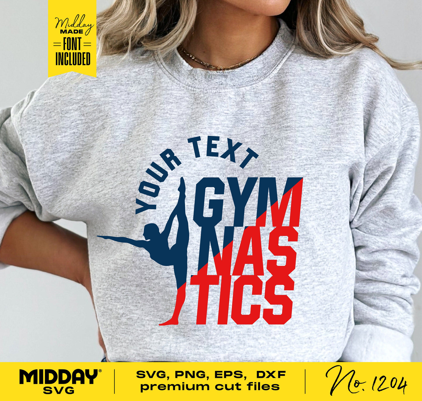 Person wearing a gray sweatshirt with a custom gymnastics design in red and blue, available as SVG, PNG, EPS, and DXF files for Cricut and Silhouette.