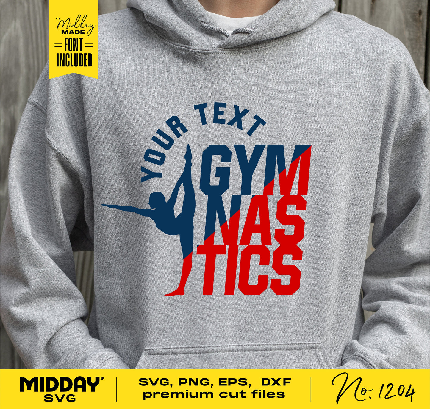 Gray hoodie featuring gymnastics SVG design, customizable text, suitable for Cricut or Silhouette projects, includes SVG, PNG, EPS, DXF files.