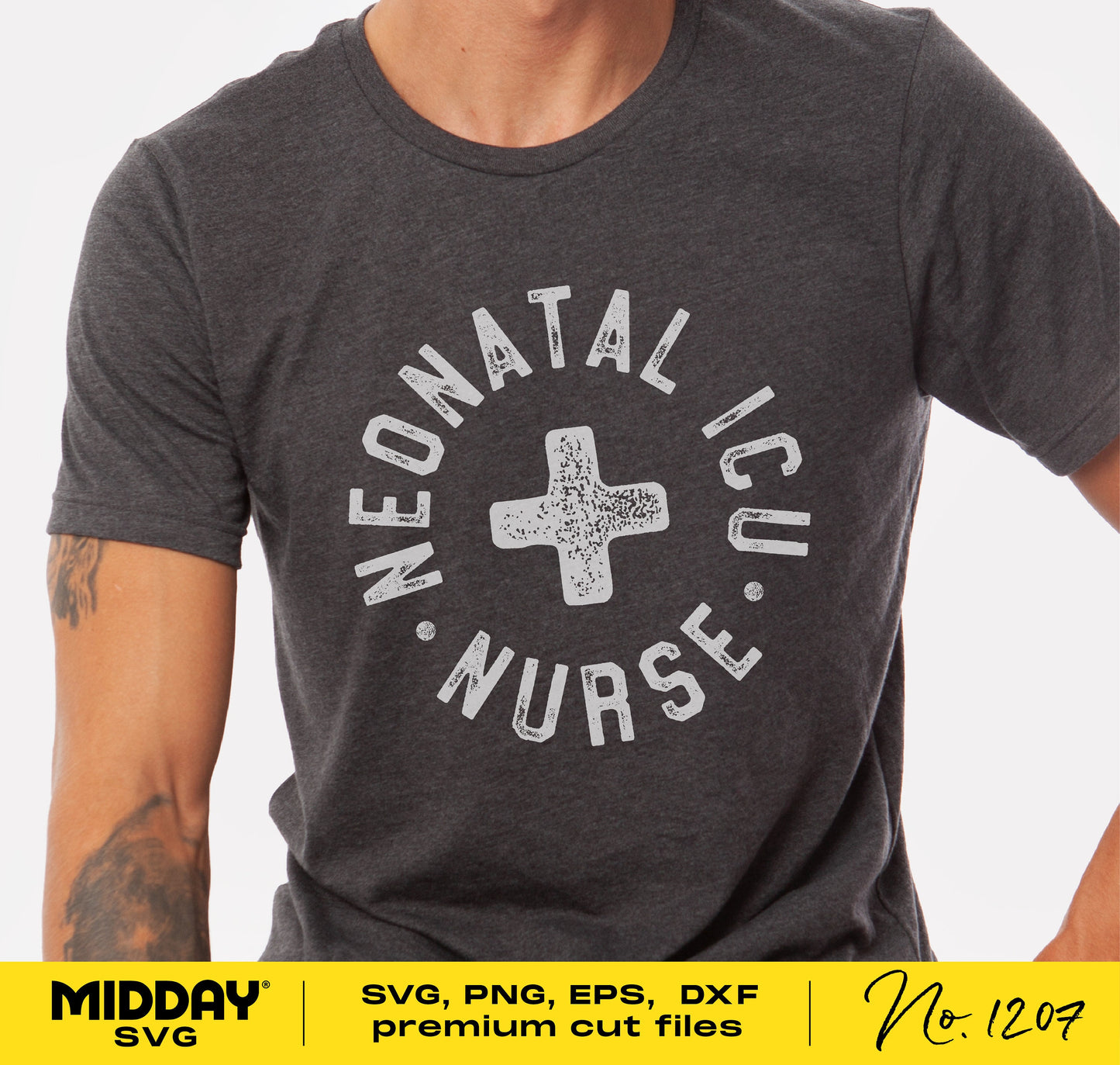 Gray t-shirt with 'Neonatal ICU Nurse' design for Cricut, Silhouette, and sublimation projects. Includes SVG, PNG, DXF, and EPS files.