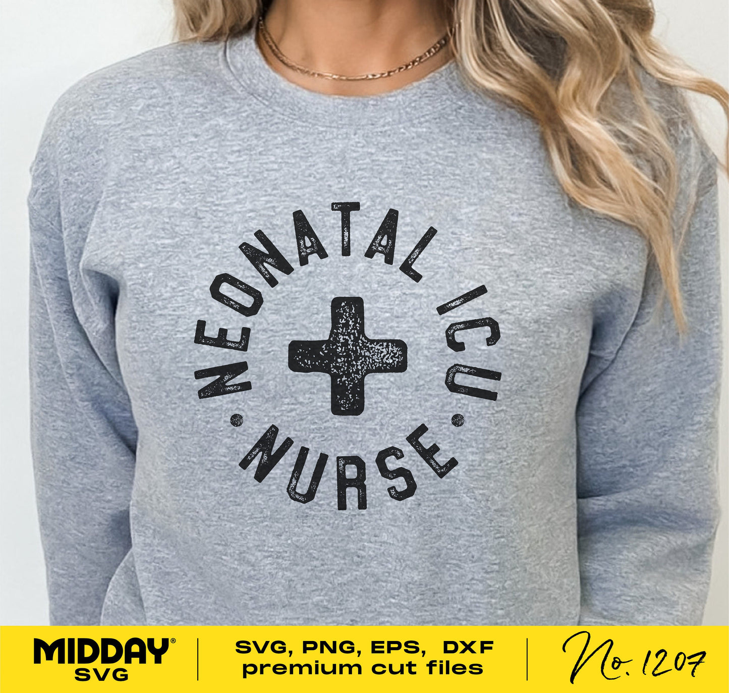 Gray shirt featuring 'Neonatal ICU Nurse' design, styled for Cricut and Silhouette cutting machines, available in svg, png, dxf, eps formats.