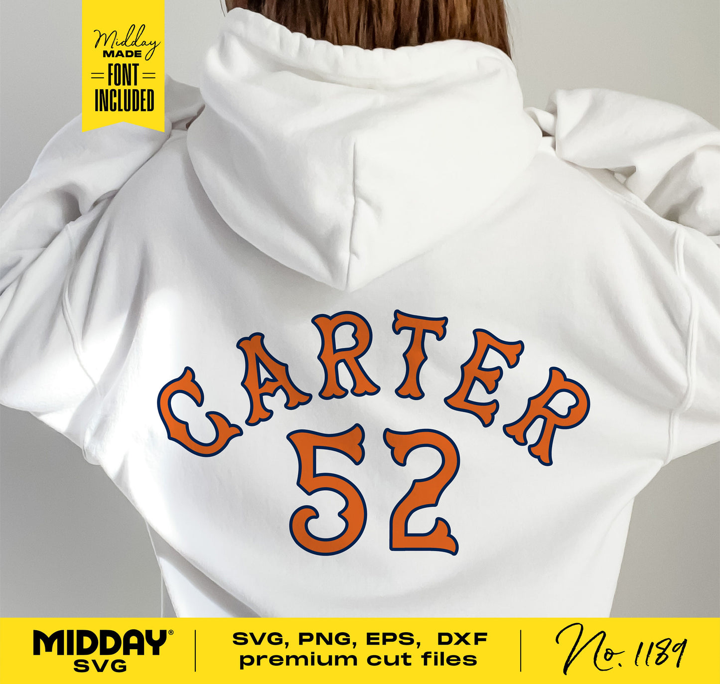 White hoodie with custom vintage-style text "Carter 52" on the back, featuring included font, ideal for Cricut and Silhouette crafting.
