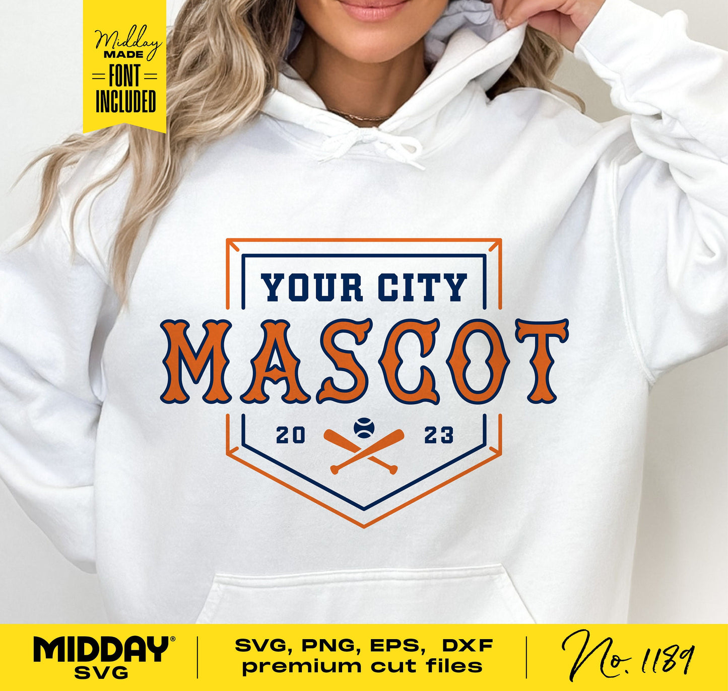 Vintage baseball team logo on a white hoodie, featuring customizable city and mascot name with crossed bats and ball. Includes SVG cut file.