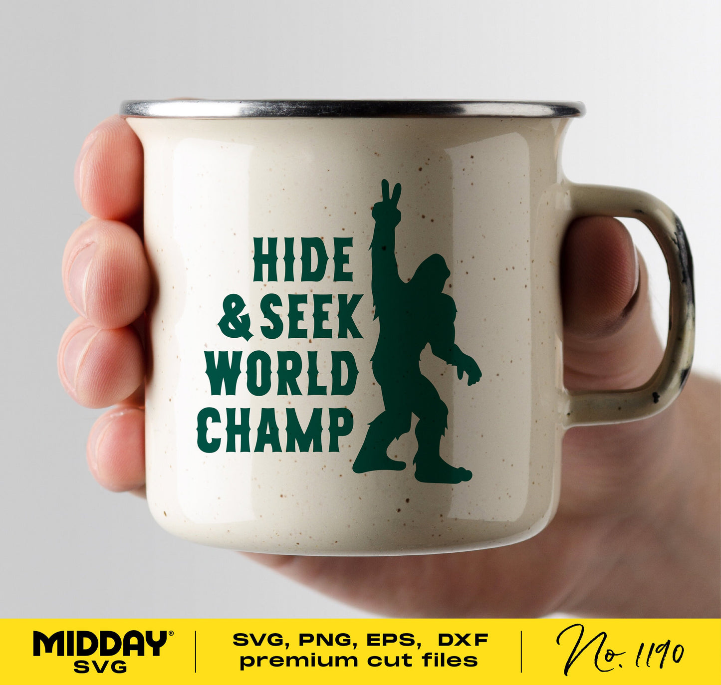 Metal camping mug with Bigfoot image and 'Hide & Seek World Champ' text, ideal for hikers and outdoor enthusiasts.