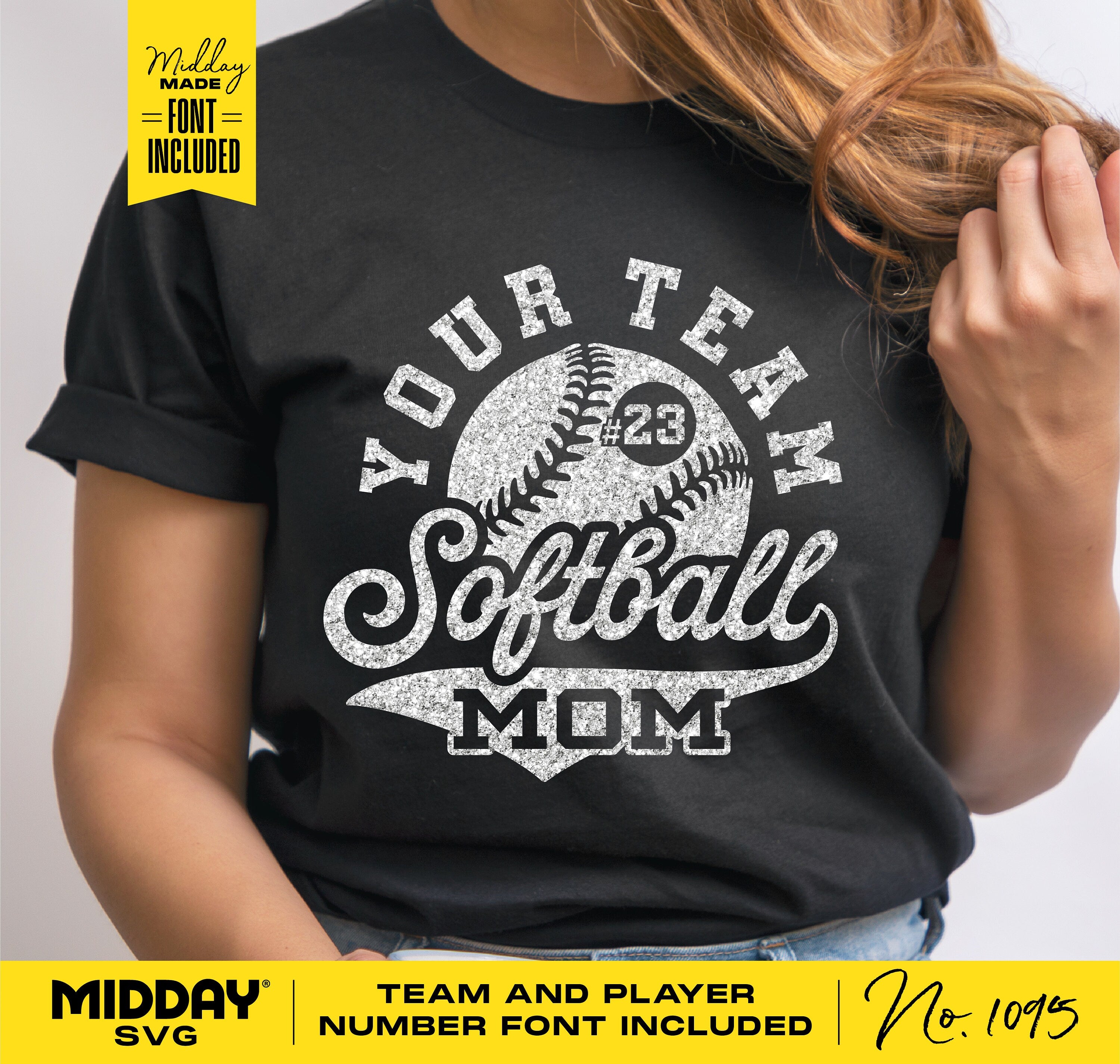Softball Mom t-shirt design mockup with customizable team and player font, featuring text and baseball graphic, perfect for DIY crafts.