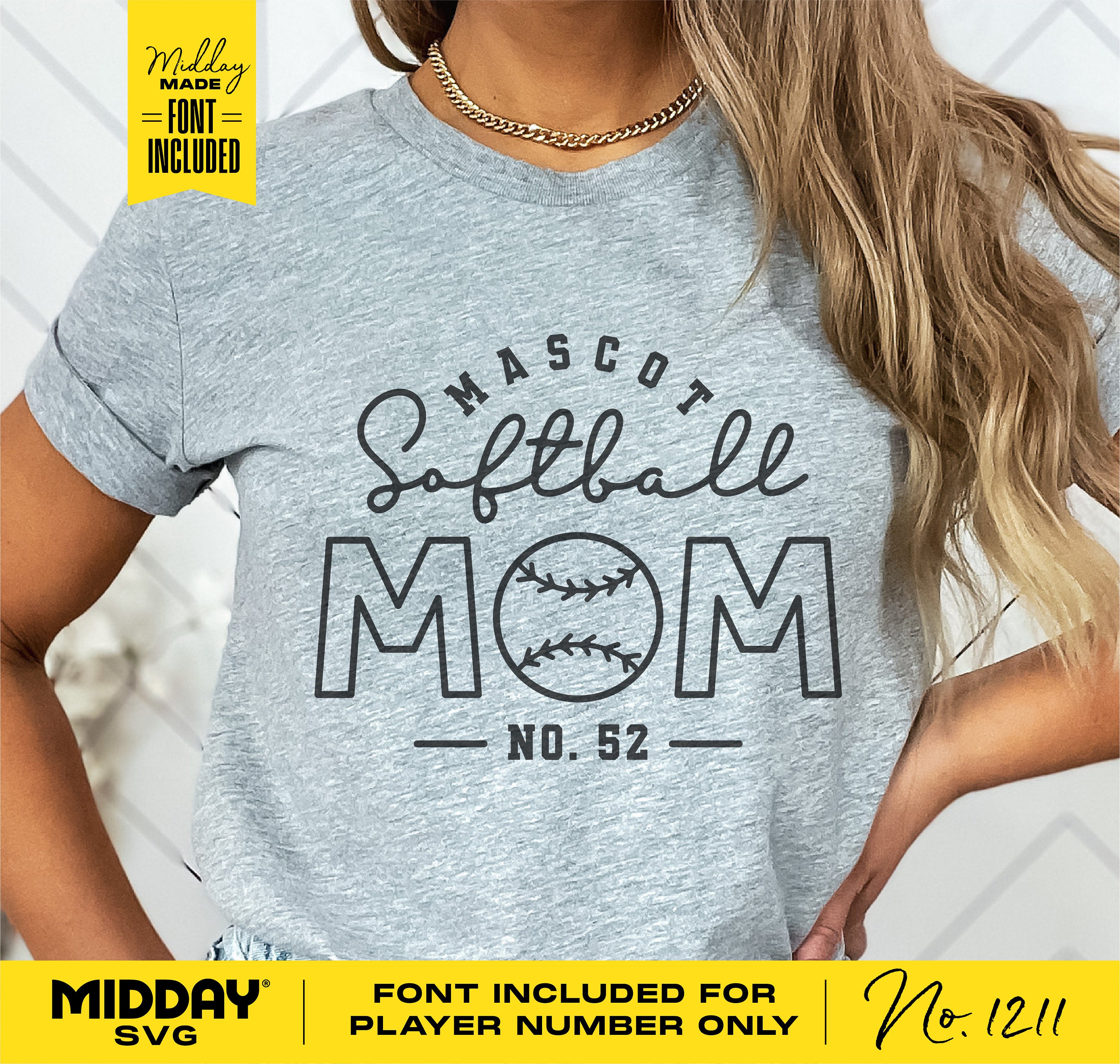 Woman wearing a gray 'Mascot Softball Mom' t-shirt with customizable player number, part of the Softball Mom Bundle, featuring DIY SVG files.