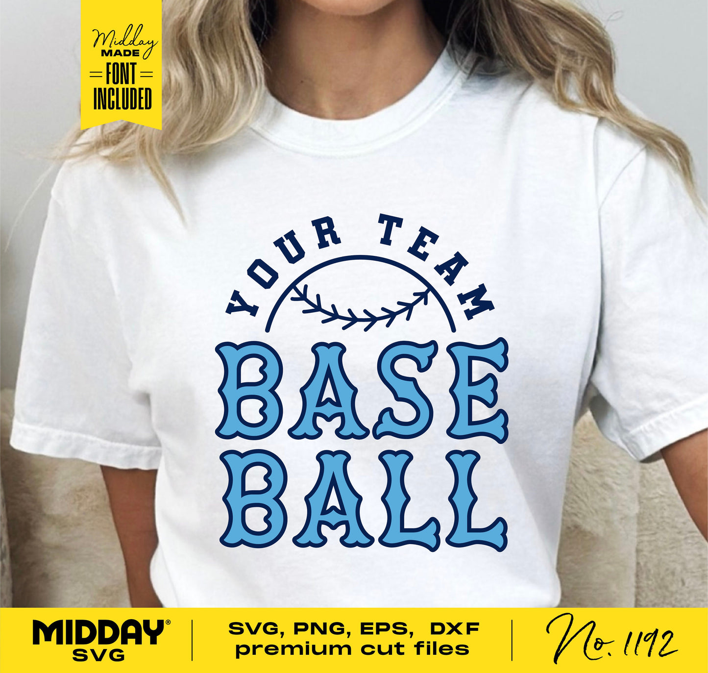 Woman wearing a white 'Your Team Baseball' shirt with blue text, perfect for baseball moms. Includes premium SVG, PNG files by Midday SVG.