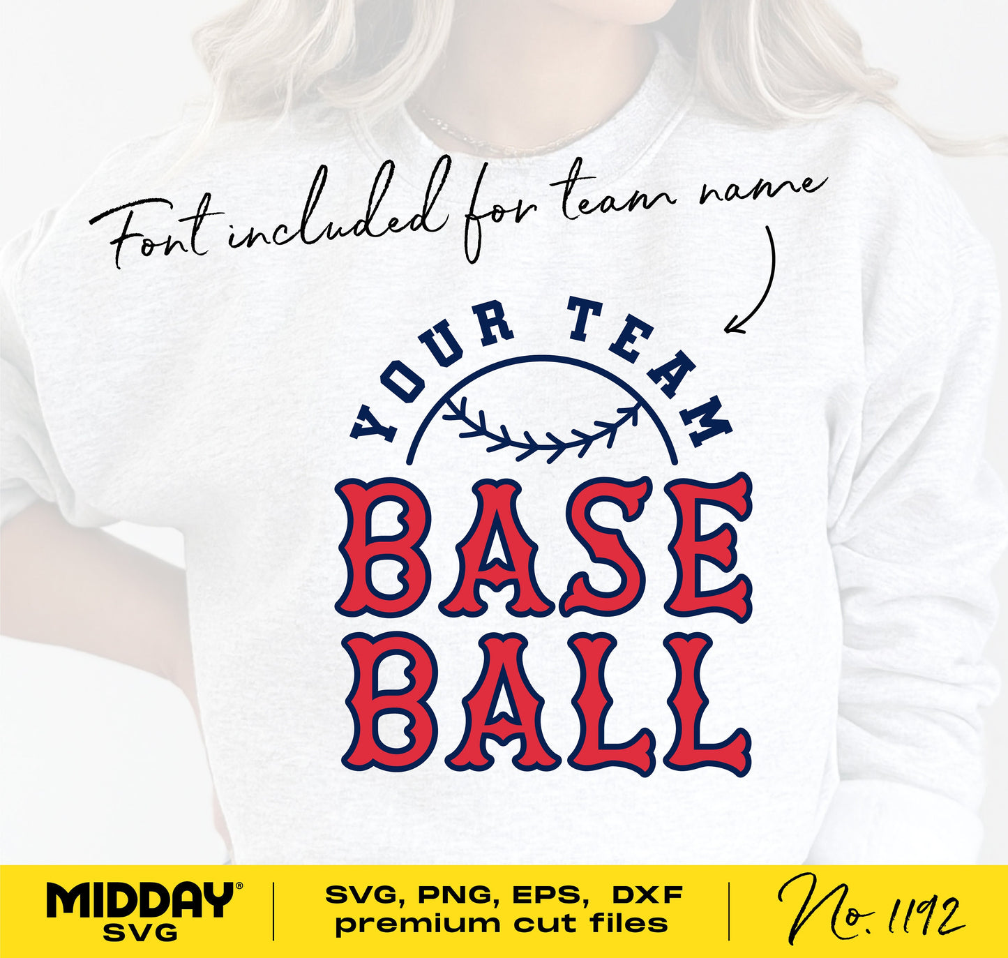 Your Team Baseball design on sweatshirt, includes customizable font for DIY projects and crafts.