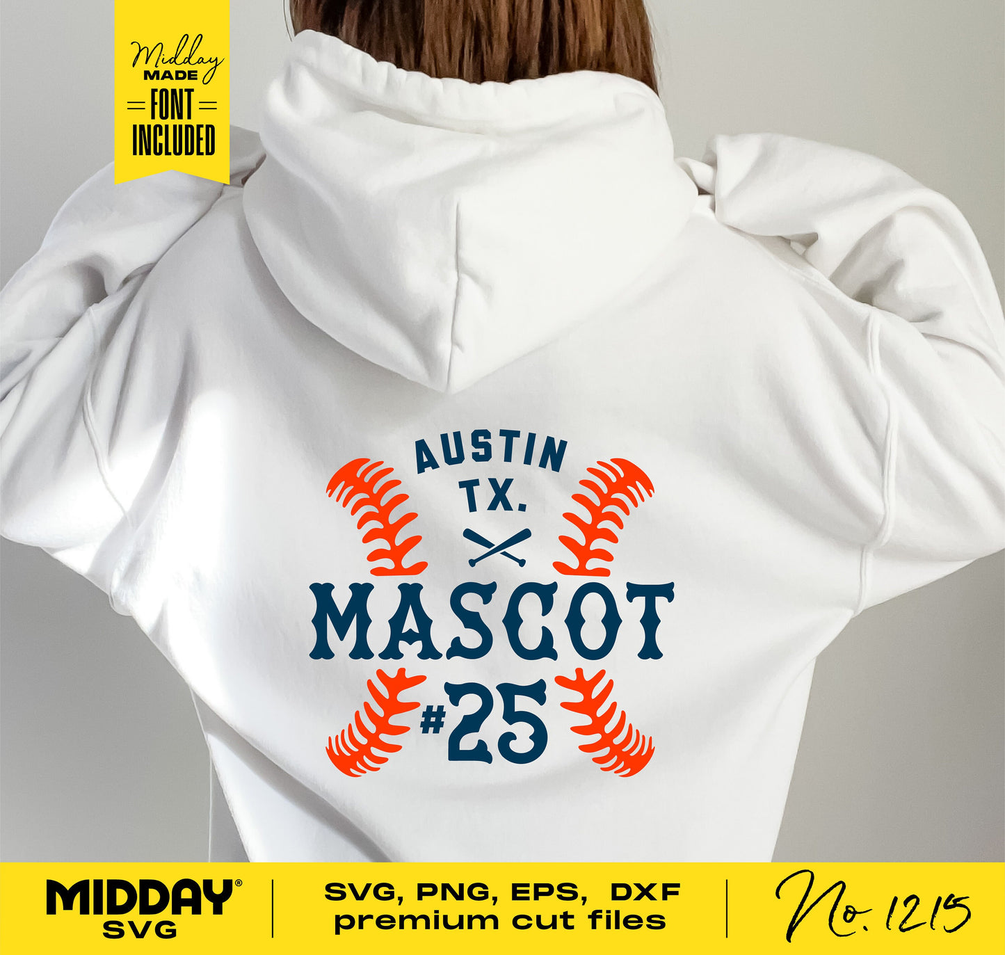 White hoodie with personalized baseball team design saying 'Austin TX Mascot #25', available as SVG, PNG, EPS, DXF cut files.