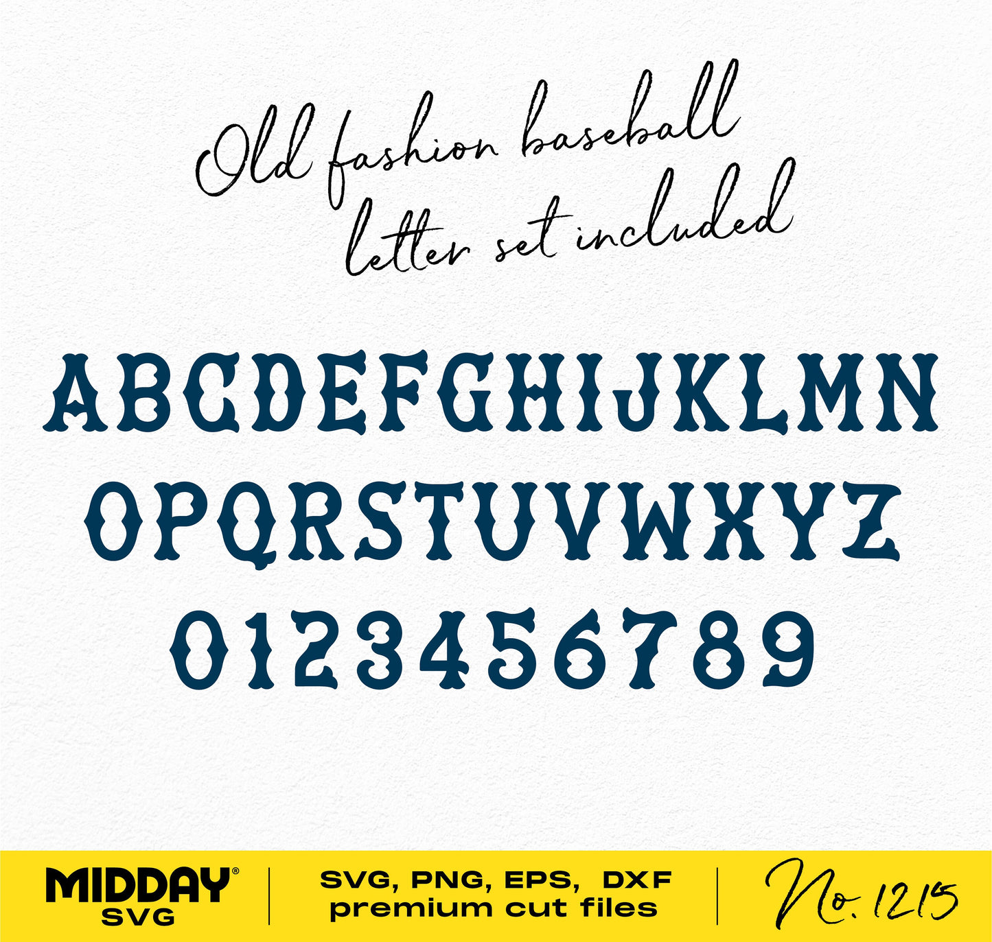 Old fashion baseball letter set with alphabet and numbers in SVG, PNG, EPS, DXF formats for premium cut files.