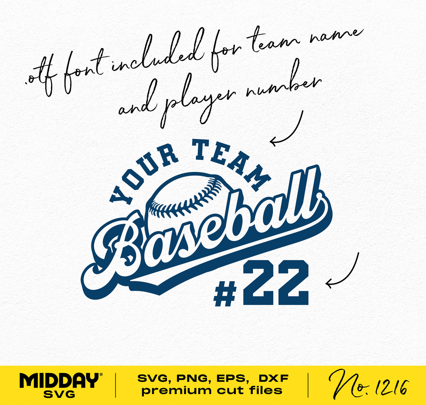 Baseball SVG design with customizable team name and player number in blue text for Cricut and Silhouette.