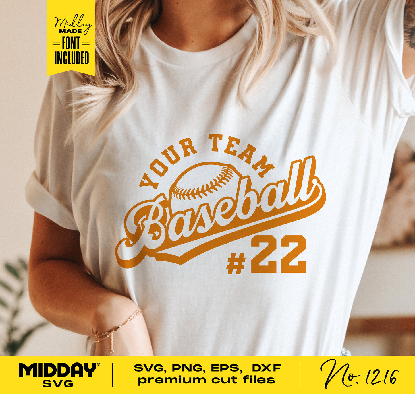 Person wearing a baseball-themed shirt with customizable design, featuring text 'Your Team Baseball #22', available in SVG, PNG, EPS, DXF formats.