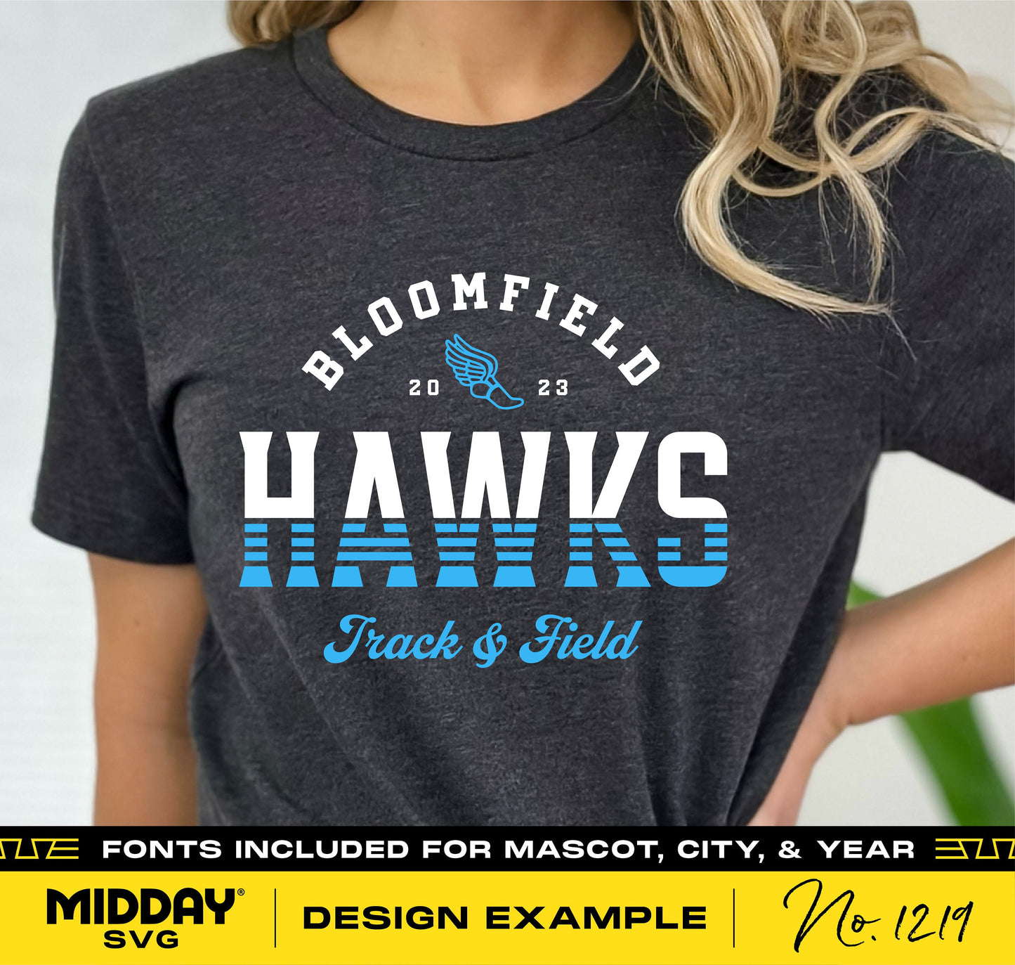 Bloomfield 2023 Hawks Track and Field shirt design example with customizable fonts for mascot, city, and year.