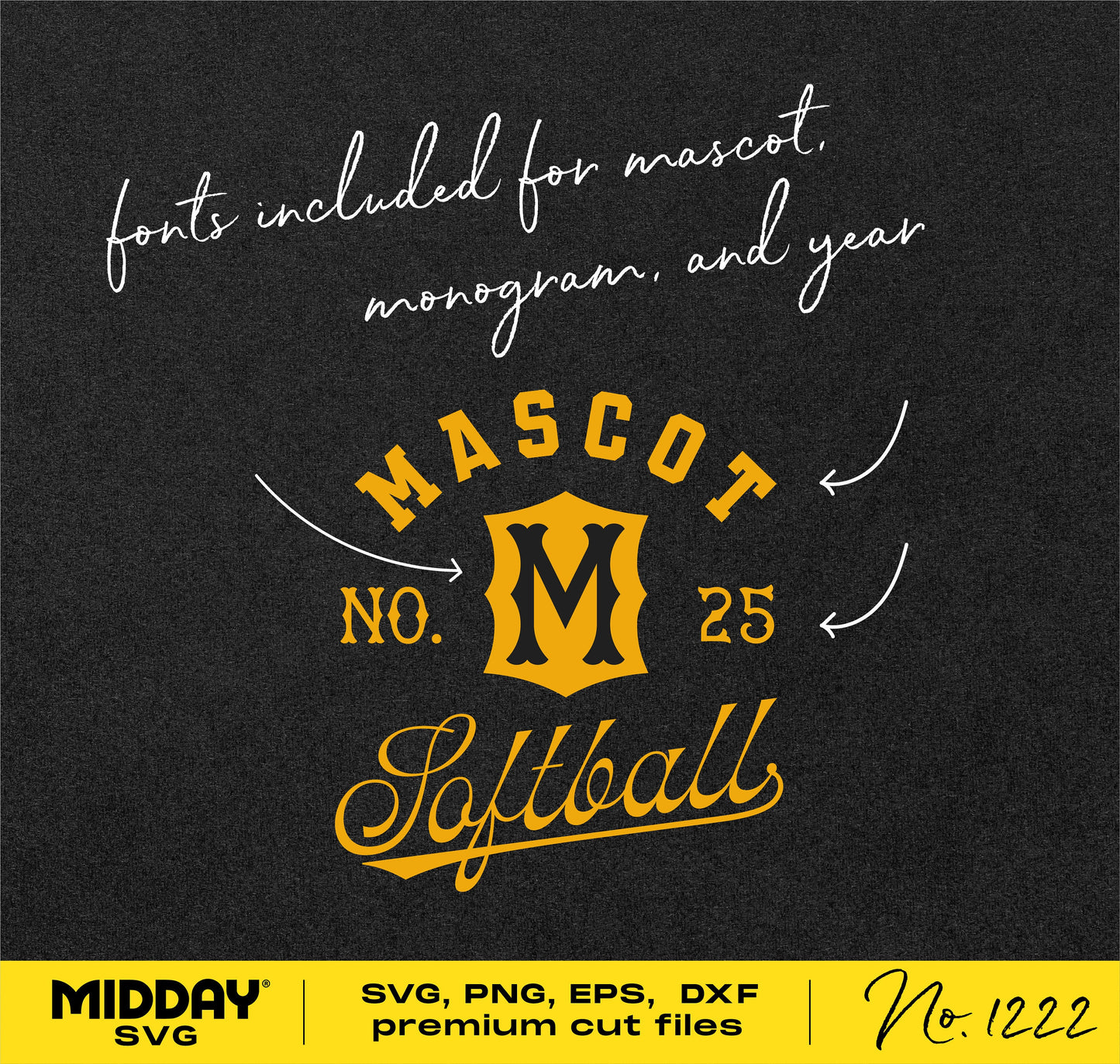 Softball SVG design template featuring mascot, number, and year with included fonts for customization. Available in SVG, PNG, EPS, and DXF formats.