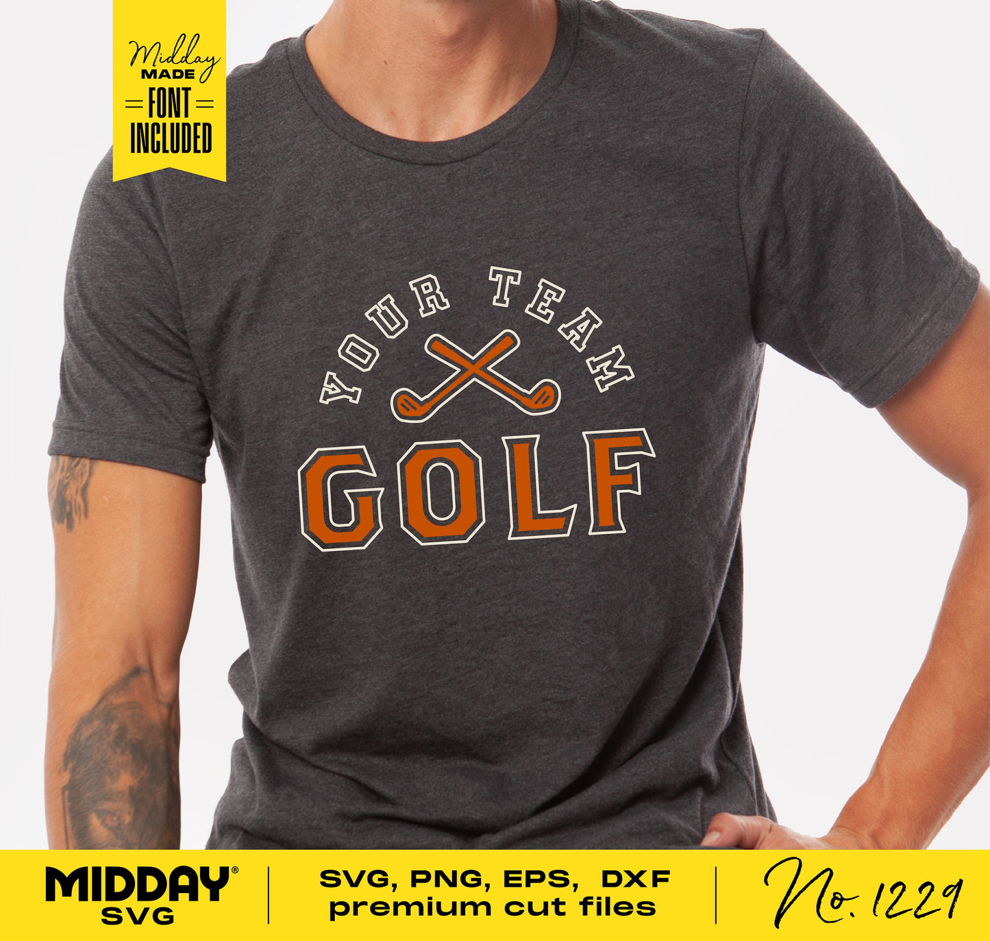 Person wearing a dark gray t-shirt with 'Your Team Golf' design, featuring crossed golf clubs. SVG, PNG, and other files included.