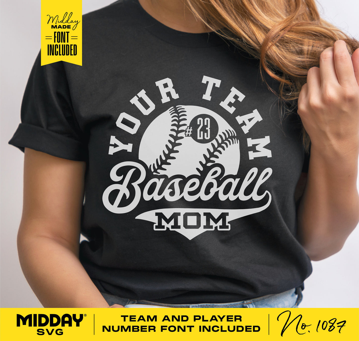 Woman wearing a black t-shirt with "Your Team Baseball Mom" design, part of a DIY bundle for crafting shirts, hats, and tumblers.
