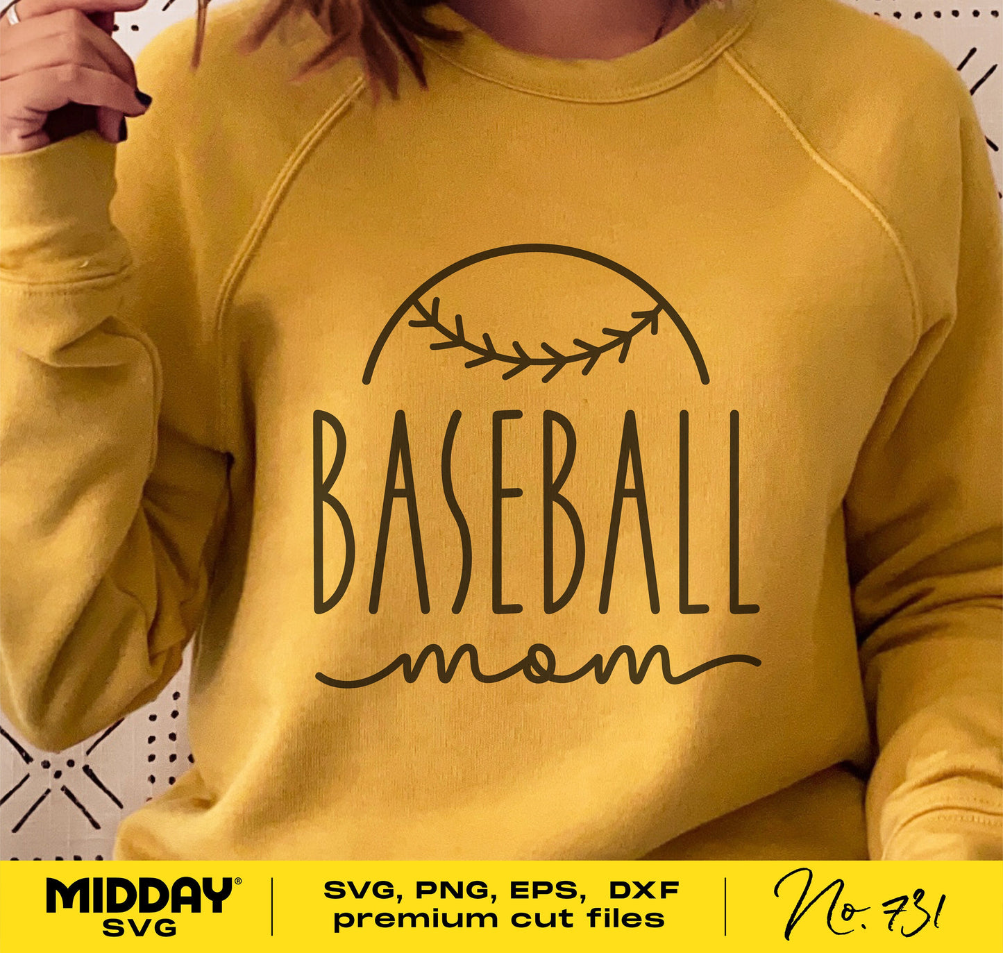 Yellow sweatshirt with Baseball Mom design, featuring a baseball graphic. SVG, PNG, EPS, DXF available for Cricut and Silhouette projects.