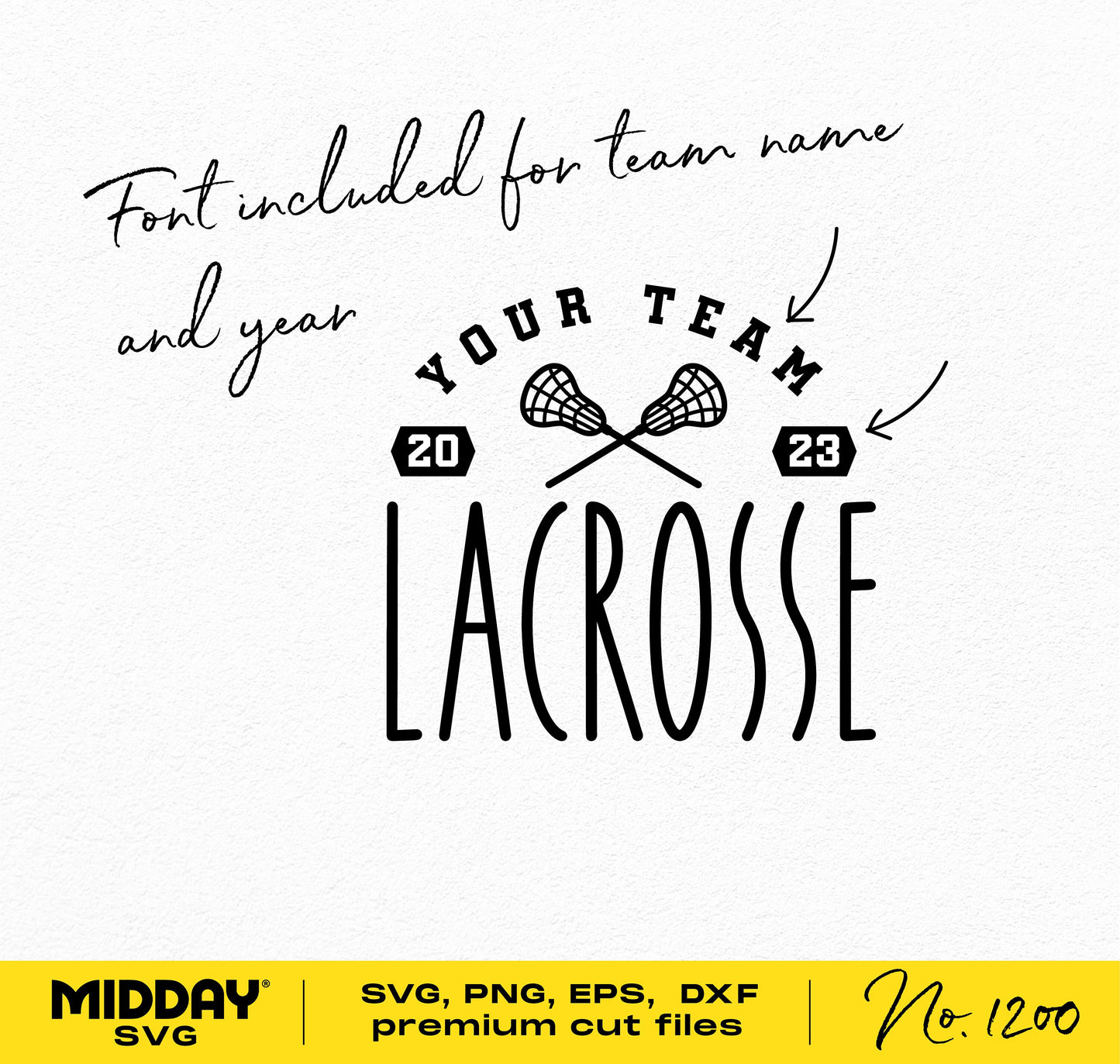 Lacrosse team design template with customizable text, featuring crossed sticks and editable team name, year for Cricut and Silhouette.