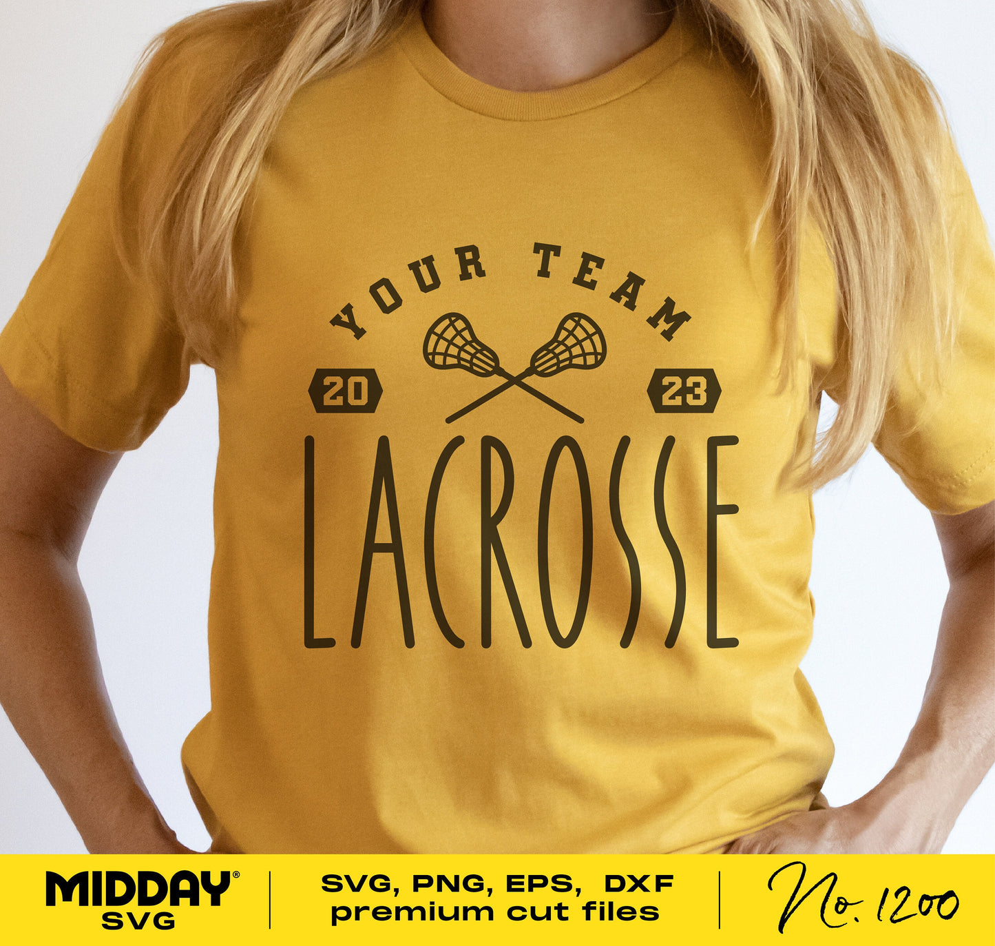 Yellow lacrosse team shirt with editable SVG design featuring crossed sticks and 2023 year, ideal for Cricut and Silhouette users.