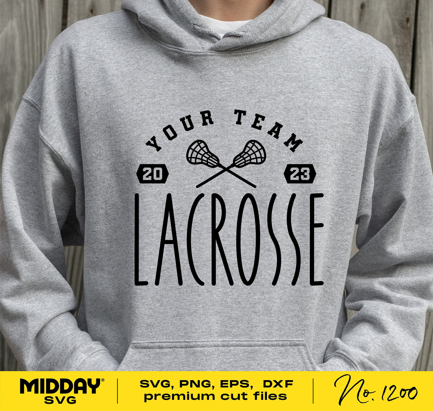 Gray hoodie with customizable lacrosse team design, featuring lacrosse sticks and year. Includes svg, png, eps, dxf formats for Cricut and Silhouette.