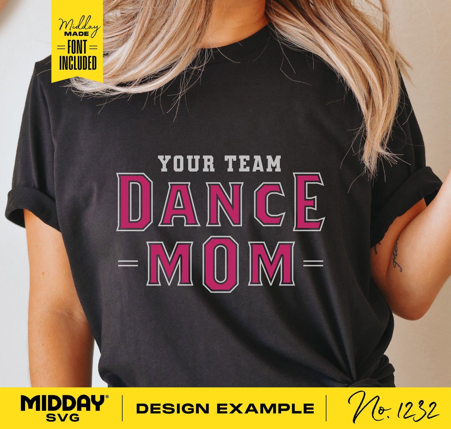 Black t-shirt with 'Your Team Dance Mom' design in pink and white letters, showcasing DIY dance shirt template for Cricut and Silhouette.