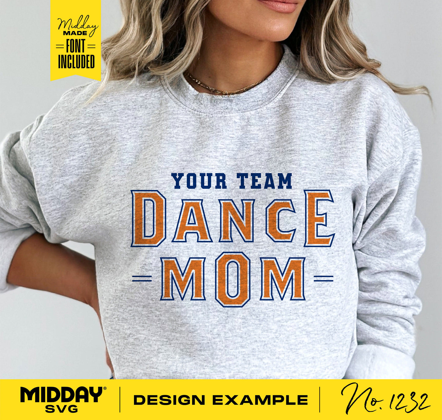 Woman wearing a gray "Your Team Dance Mom" shirt; perfect for Cricut and Silhouette projects. Design includes font and sublimation options.