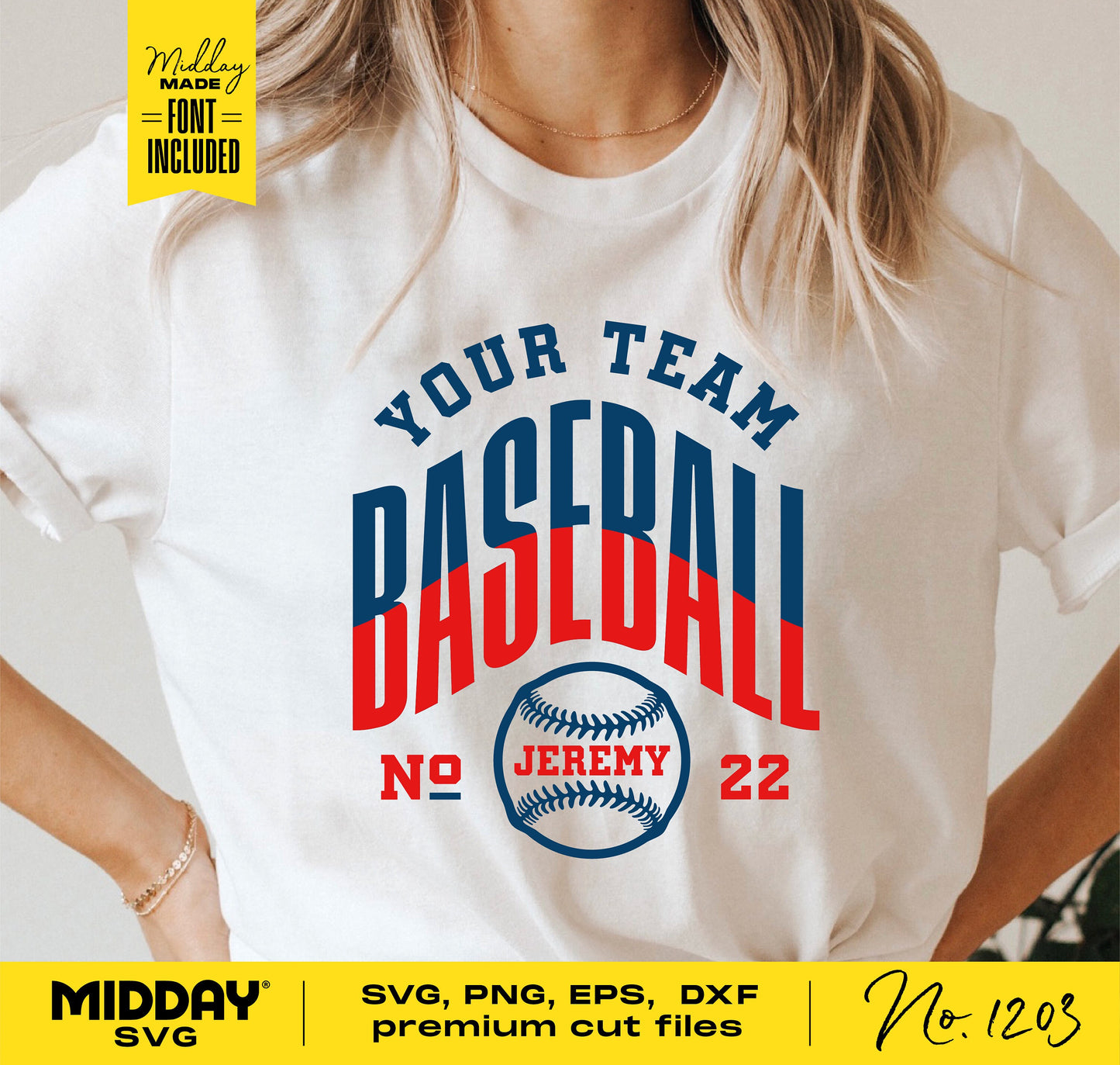 Customizable baseball team shirt design featuring "Your Team Baseball" text with personalized number and name, SVG PNG EPS DXF formats.