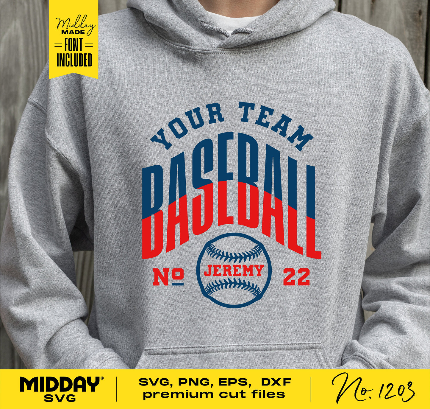 Gray hoodie with customizable baseball team design featuring text 'Your Team Baseball' and a baseball graphic with name and number options.