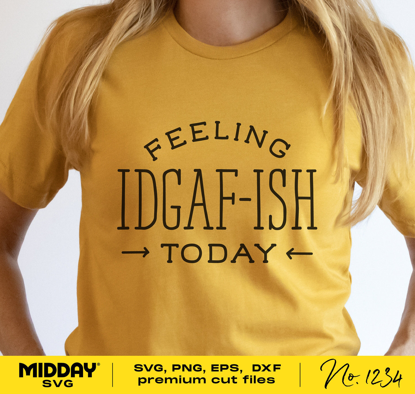 Funny sarcastic t-shirt with the phrase 'Feeling IDGAF-ish Today' in bold black text on a mustard yellow background.